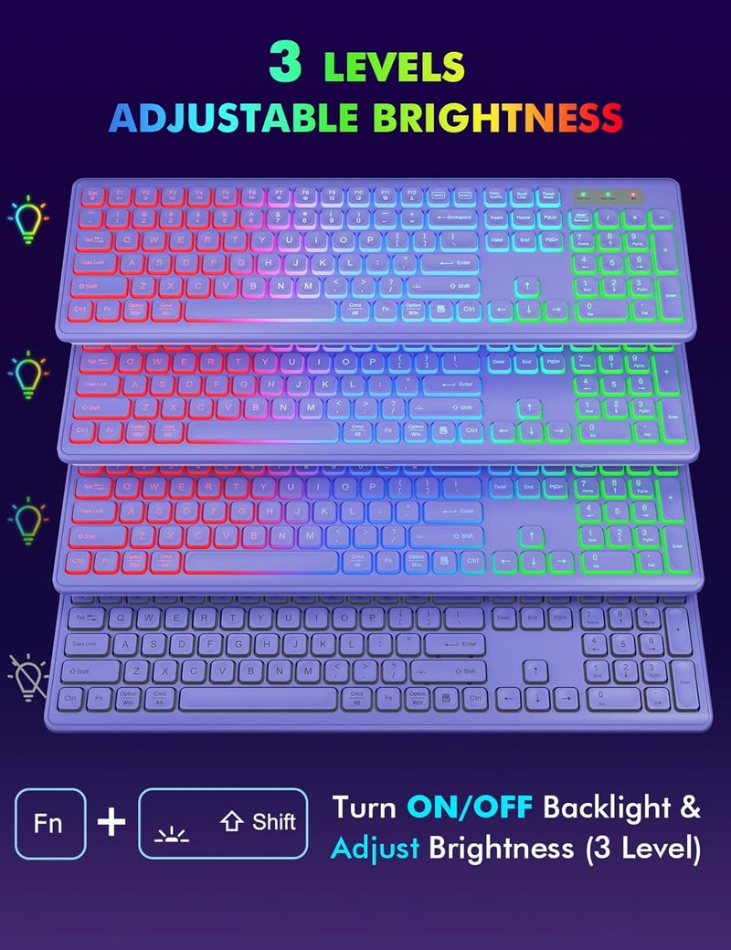 Trueque Wireless Keyboard and Mouse Combo, RGB Backlit, Rechargeable & Light Up Letters, Full-Size, Soft Typing, Sleep Mode, 2.4GHz Quiet Keyboard Set for Mac, Windows, Laptop, PC, (Purple) - Image 2